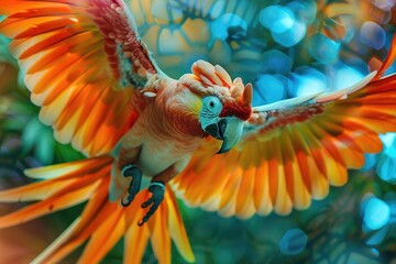 Poster - A bright and vibrant bird soars through the air, with its feathers glistening in the sunlight