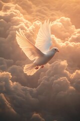 Poster - A white bird flying high in the clear blue sky with fluffy clouds in the background