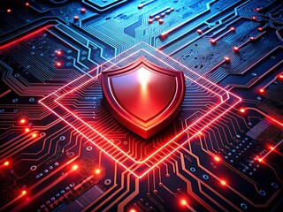 Poster - Night Photography of a Glowing Red Shield Symbol on a Circuit Board Background, Highlighting Technology and Security Themes with an Enigmatic Glow