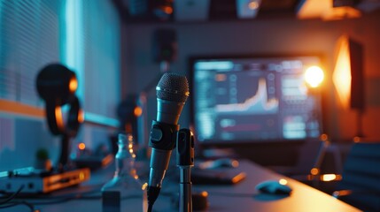 Poster - A microphone sits on a table in front of a TV, ready for use or recording