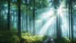 © atdigit - Misty Forest Illuminated by Ethereal Sunlight Creating an Otherworldly Atmosphere