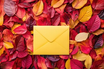 Aufkleber - A bright yellow envelope sits atop a pile of autumn leaves, perfect for outdoor or nature-themed uses