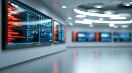 A hallway with multiple large screens displaying data and code in a futuristic setting.