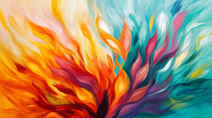 Poster - A vibrant abstract painting showcasing dynamic flames in shades of orange, red, and teal, creating an energetic atmosphere