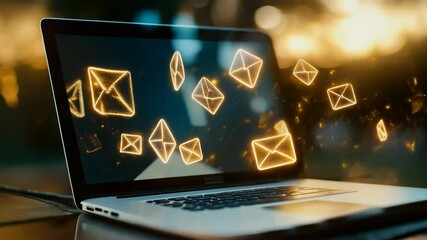Poster - dynamic email communication concept with glowing letter icons flying from laptop in outdoors setting