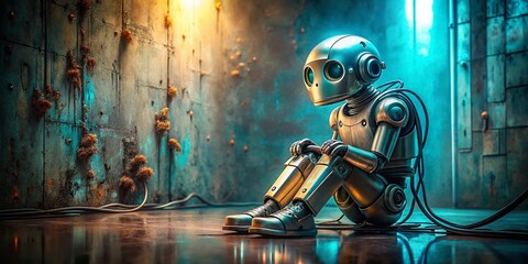 Poster - Sad Robot Alone in a Futuristic Environment, Evoking Emotions of Loneliness and Isolation, Surrounded by High-Tech Elements and Dim Lighting, Perfect for Conceptual Imagery
