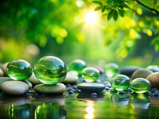 Poster - Serene Background of Tranquil Green and Gray Translucent Stones with Tilt-Shift Photography for Peaceful Natural Landscapes and Relaxation Themes