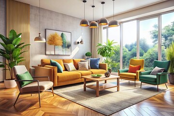 Poster - Serene Modern Living Space for Relaxation and Comfort, Featuring Plush Furniture, Natural Light, and Minimalist Decor Ideal for Cozy Moments and Stylish Gatherings