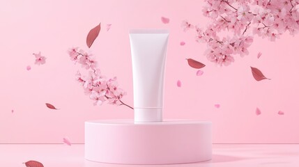 Canvas Print - A white tube mockup for body cream placed on an pink podium