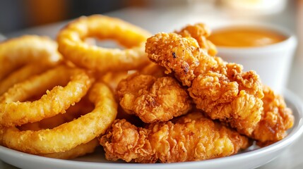 Wall Mural - Close up of crispy fried chicken tenders and onion rings on a white plate.