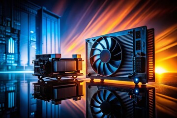 Poster - Silhouette of a Computer Graphics Card, CPU, and Chipset with Dramatic Lighting and Abstract Background, Illustrating Technology and Innovation in Digital Hardware Design