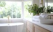 © alisya - Luxurious bathroom interior with white bathtub, marble countertop, and large window overlooking a lush green forest.