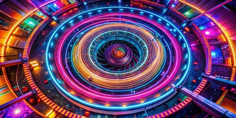 Poster - Spiral Neon Light Abstract Background Captured from Above with Drone Photography, Showcasing Vibrant Colors and Dynamic Patterns for Modern Art and Design Inspirations