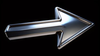 Poster - Stunning 3D Metallic Silver Steel Curved Arrow Sign Isolated on Black Background, Perfect for Web Elements and Design Projects Highlighting Dynamic Directional Movement