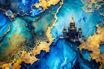 Poster - Stunning Architectural Photography Featuring a Blue, Golden, and Black Watercolor Abstract Painted Background Wallpaper for Creative Design Projects and Interior Spaces