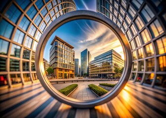 Poster - Stunning Architectural Photography Featuring a Unique Blur Circle Frame Effect, Showcasing Modern Designs and Urban Landscapes in a Creative Composition