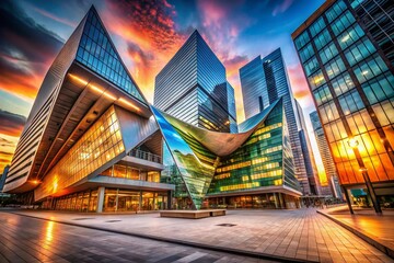 Poster - Stunning Architectural Photography of Modern Buildings with Dynamic Angles and Textures, Showcasing Urban Landscapes and Innovative Designs in a Vibrant City Environment
