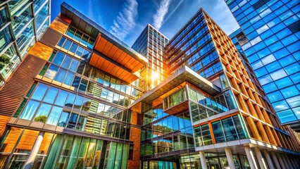 Poster - Stunning Architectural Photography Showcasing Contemporary Designs and Unique Facades in Urban Settings, Emphasizing Light and Shadow Play for Visual Impact