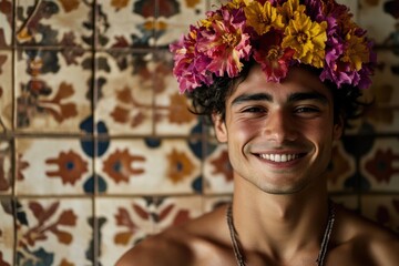 A person wearing a floral crown on their head, possibly for a festival or celebration