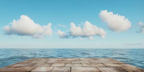 Wall Mural - A serene ocean view with a clear blue sky and fluffy clouds above the calm water.