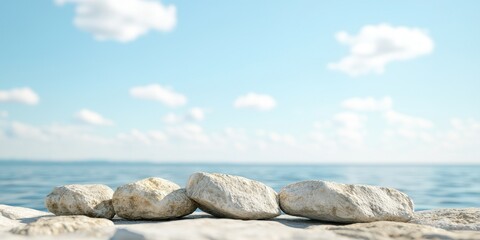Wall Mural - A serene view of smooth stones by the calm sea under a clear blue sky.