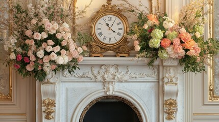 Poster - Ornate Fireplace with Marble Mantel and Antique Clock