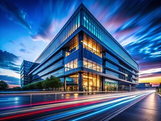Poster - Stunning Long Exposure Capture of a Modern Building’s Exterior at Dusk, Showcasing Vibrant Light Trails and Architectural Elegance Against a Twilight Sky