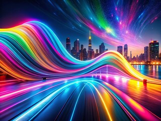 Poster - Stunning Long Exposure Image of a Big Neon Wave Background with Vibrant Colors and Dynamic Light Trails Creating a Futuristic Aesthetic for Digital Art and Design Projects