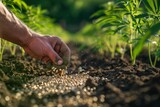 Hand Planting Hemp Seeds in Healthy Soil Rows