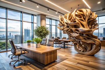 Poster - Stunning Natural Wood Sculpture Enhancing Modern Office Interior with Warm Tones and Natural Light, Perfect for Creative Workspaces and Design Inspiration