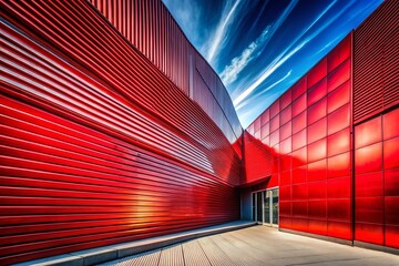 Poster - Stunning Panoramic Architectural Photography Featuring a Bold Red Metal Background, Showcasing Modern Design Elements and Textures for Creative Visual Storytelling