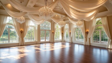 Poster - Grand Ballroom with Chandeliers, High Ceilings, and Draped Curtains