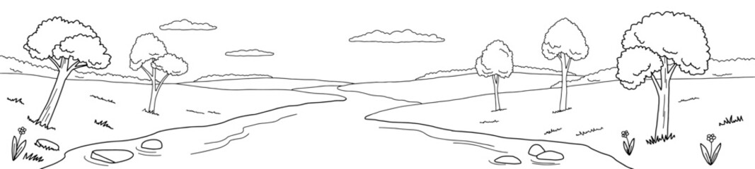 Fototapete - River hill graphic black white landscape sketch long illustration vector 