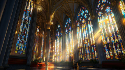 Poster - Gothic Cathedral Interior with Stained Glass and High Arches