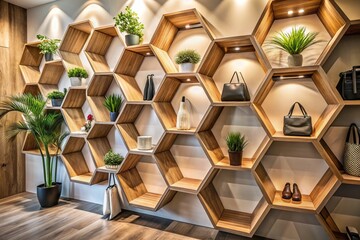 Poster - Stylish Empty Hexagons Pattern Wooden Shelves Design for Modern Office and Home Decor, Perfect for Organizing and Displaying Items in a Chic Environment
