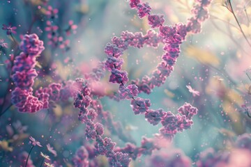 Poster - Dna double helix floats through a microscopic view of pink and purple flowers, suggesting the beauty and complexity of life