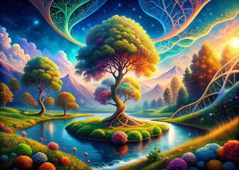 Poster - Surreal Exploration of Heredity: Visualizing the Intricacies of Genetic Variation and Inherited Traits in a Dreamlike Landscape of DNA and Nature