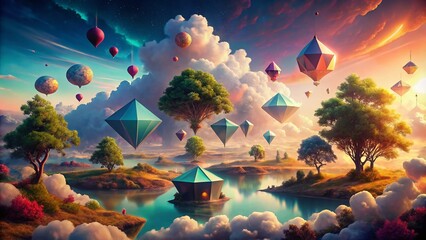 Poster - Surreal Landscape of Sirwa with Dreamlike Elements, Mysterious Clouds, and Floating Geometric Shapes Merging with Nature’s Beauty and Otherworldly Vibes in Vivid Colors
