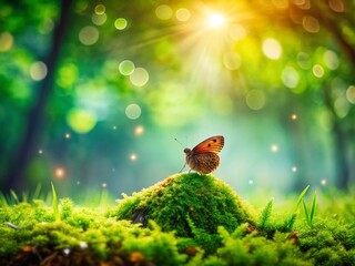 Poster - Surreal Landscape with a Brown Lower Third on a Lush Green Background, Merging Colors and Textures to Create an Otherworldly Scene of Nature's Imagination and Dreamlike Vibes