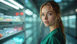 © Yury - Woman with thoughtful expression shopping in futuristic grocery store against blurred background