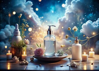 Poster - Surreal Scene Featuring a Bottle and Container of Lotion on a Table Surrounded by Dreamlike Elements and Whimsical Lighting for Unique Stock Photography