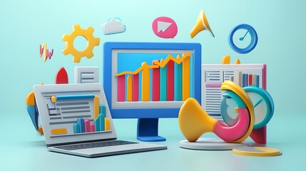 Poster - 3D illustration of a computer monitor displaying a graph with a colorful data visualization surrounding it.