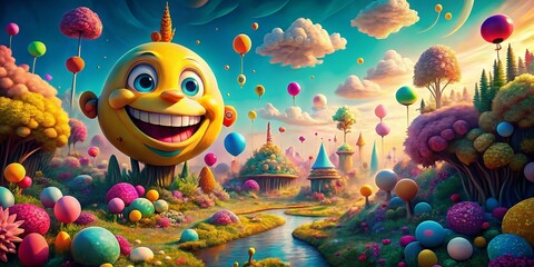 Poster - Surreal Smiling Cartoon Character in a Dreamlike Landscape with Whimsical Colors and Floating Objects, Merging Fantasy and Reality for a Captivating Visual Experience