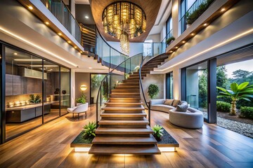 Poster - Surreal Staircase Journey to Success: Modern Interior Design Concept Featuring an Impressive Staircase as a Symbol of Business Achievement and Progress in a Contemporary Home Setting