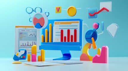 Poster - 3D illustration of a computer monitor displaying a graph with a colorful data visualization surrounding it.