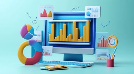 Poster - 3D illustration of a computer monitor displaying a graph with a colorful data visualization surrounding it.