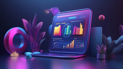 Poster - A futuristic 3D illustration of a laptop displaying charts and graphs.