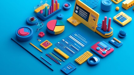Poster - 3D illustration of colorful business icons and charts on a blue background.