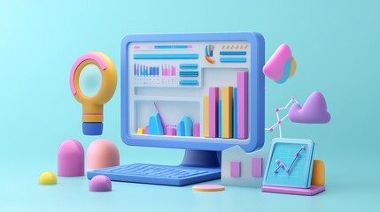 Poster - 3D illustration of a computer monitor displaying a graph with a colorful data visualization surrounding it.