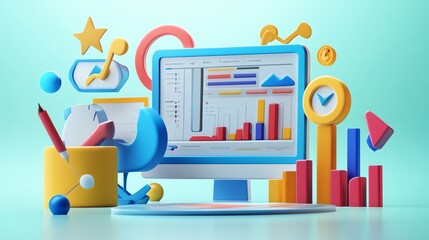 Poster - 3D illustration of a computer monitor displaying a graph with a colorful data visualization surrounding it.